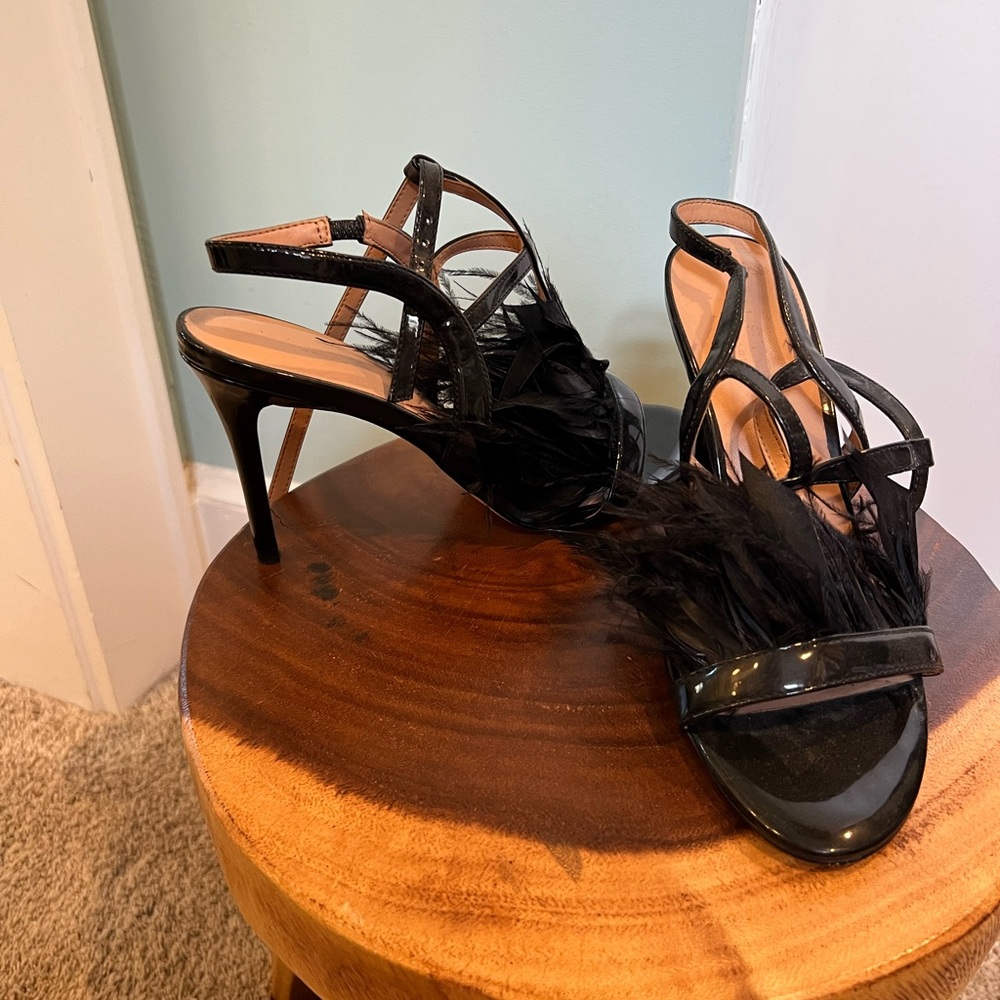 Halston Heritage  Strappy Heels with Feather Detail